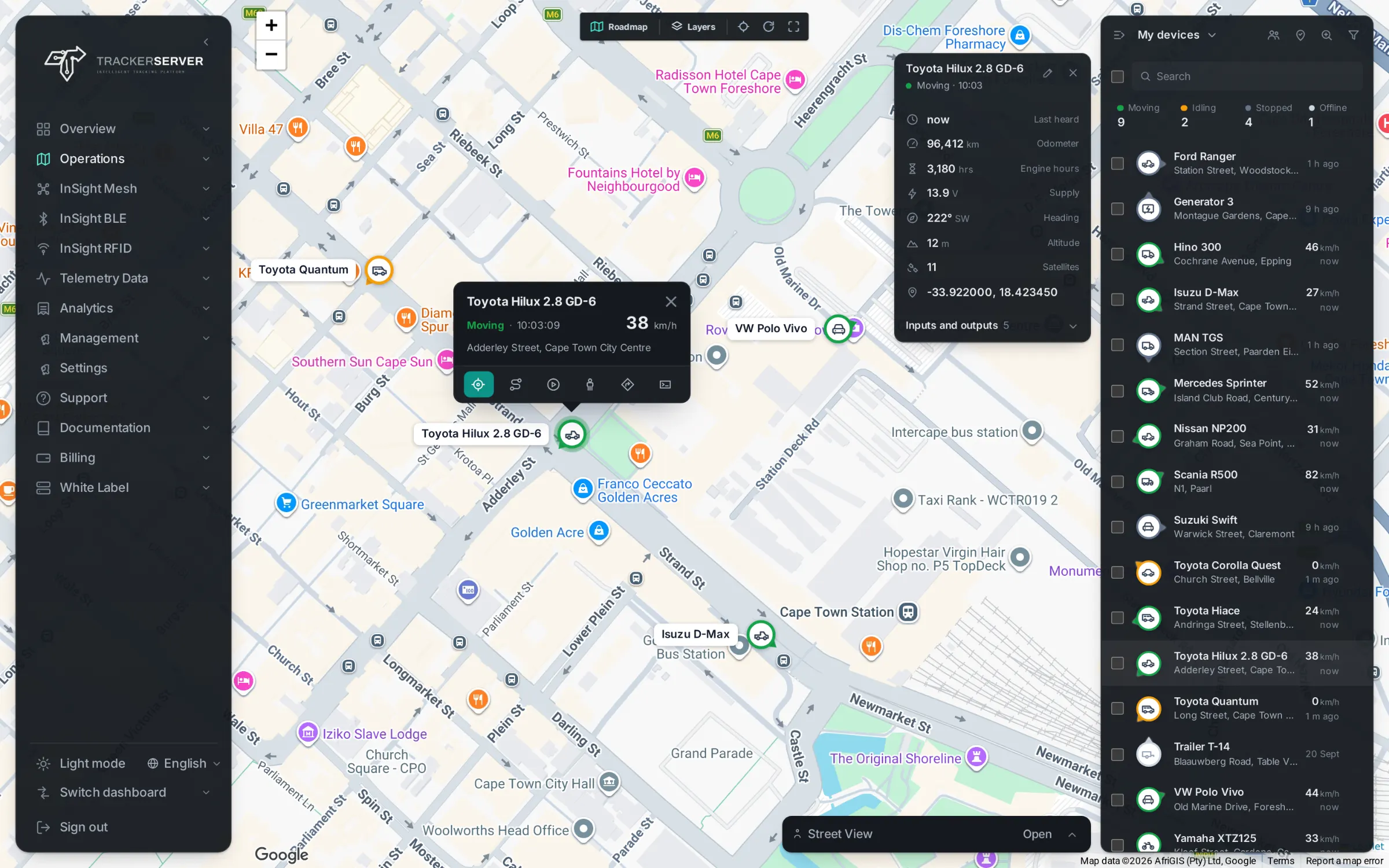 The Trackerserver live map, with a vehicle selected