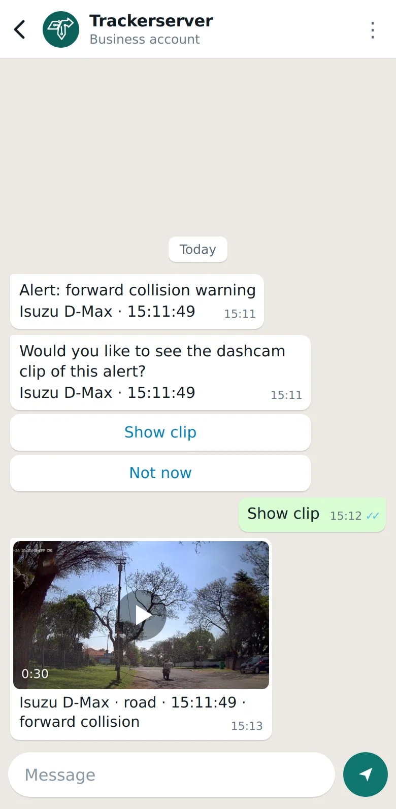 A dashcam alarm on WhatsApp, with its clip