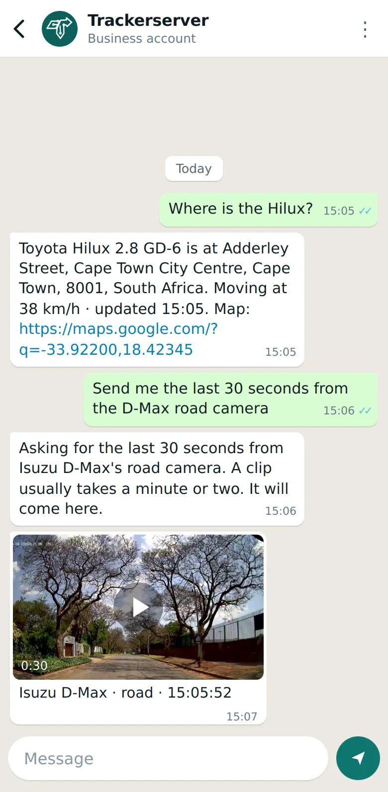 A client asks where a vehicle is on WhatsApp and gets an answer